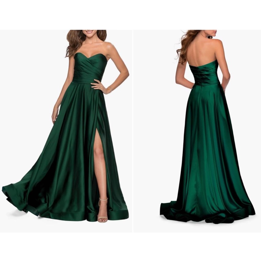 NEW La Femme Emerald Green Strapless Slit Satin Ballgown $368